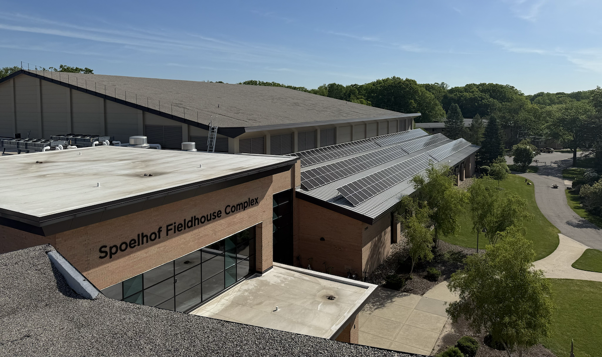 Van Noord arena solar panels installed on lower roof.